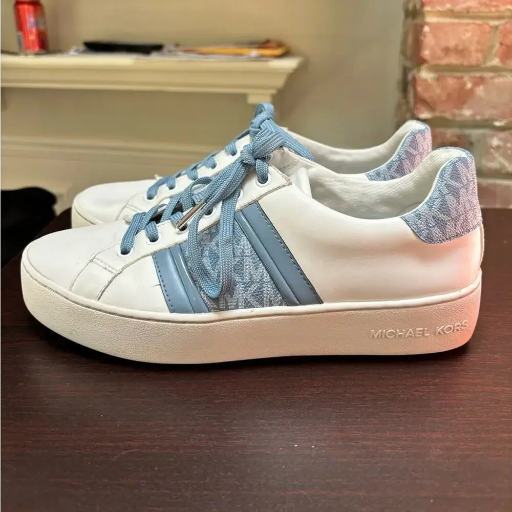 Michael Kors Poppy Logo Stripe Lace‎ Up Sneakers Women’s 8.5 White Blue
